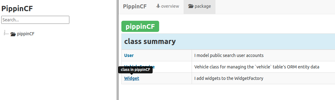 pippinCF package documentation with a search field and a bulleted list of package components