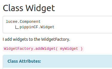 generated HTML documentation showing WidgetFactory code example