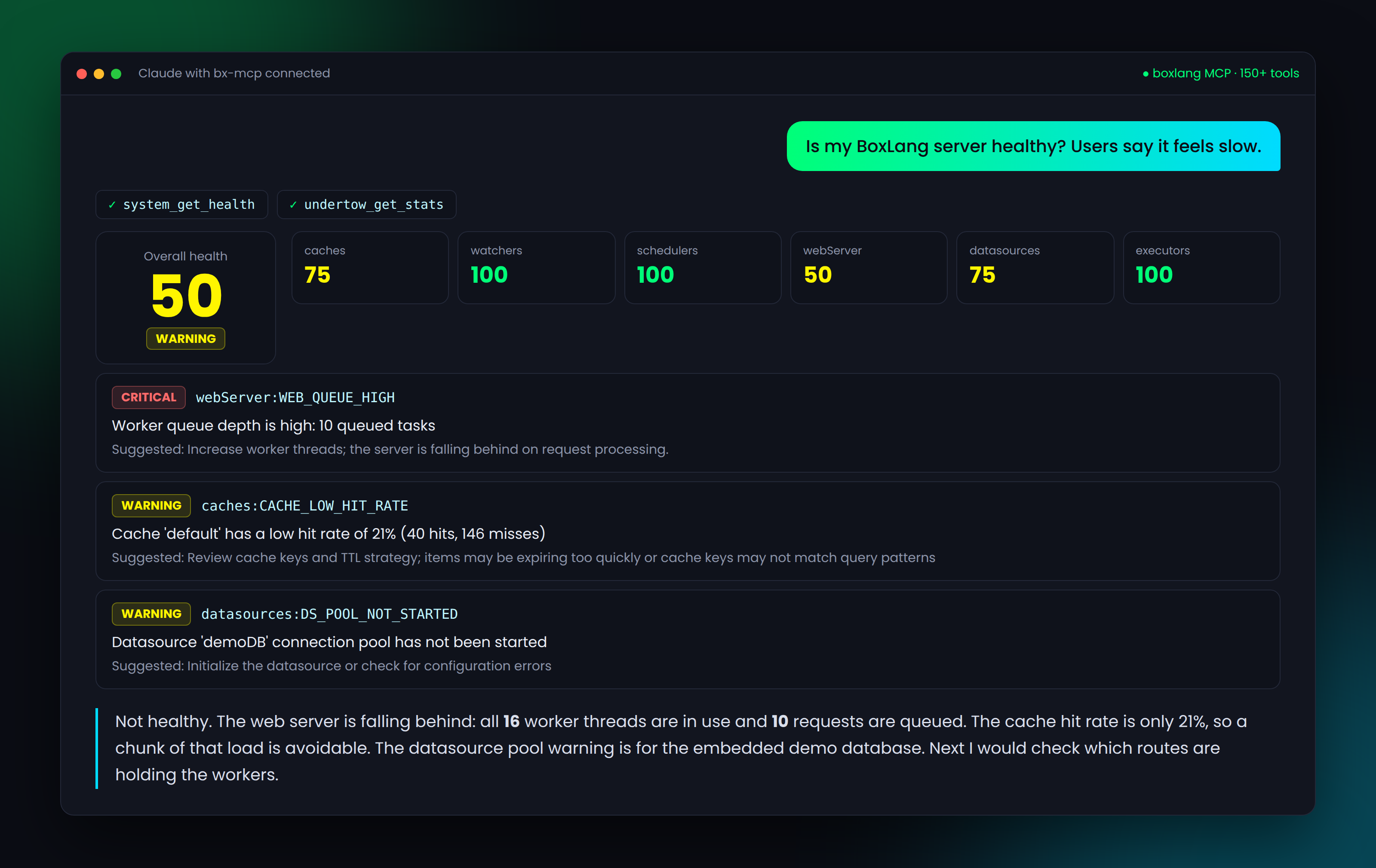 An AI agent running a health check through bx-mcp