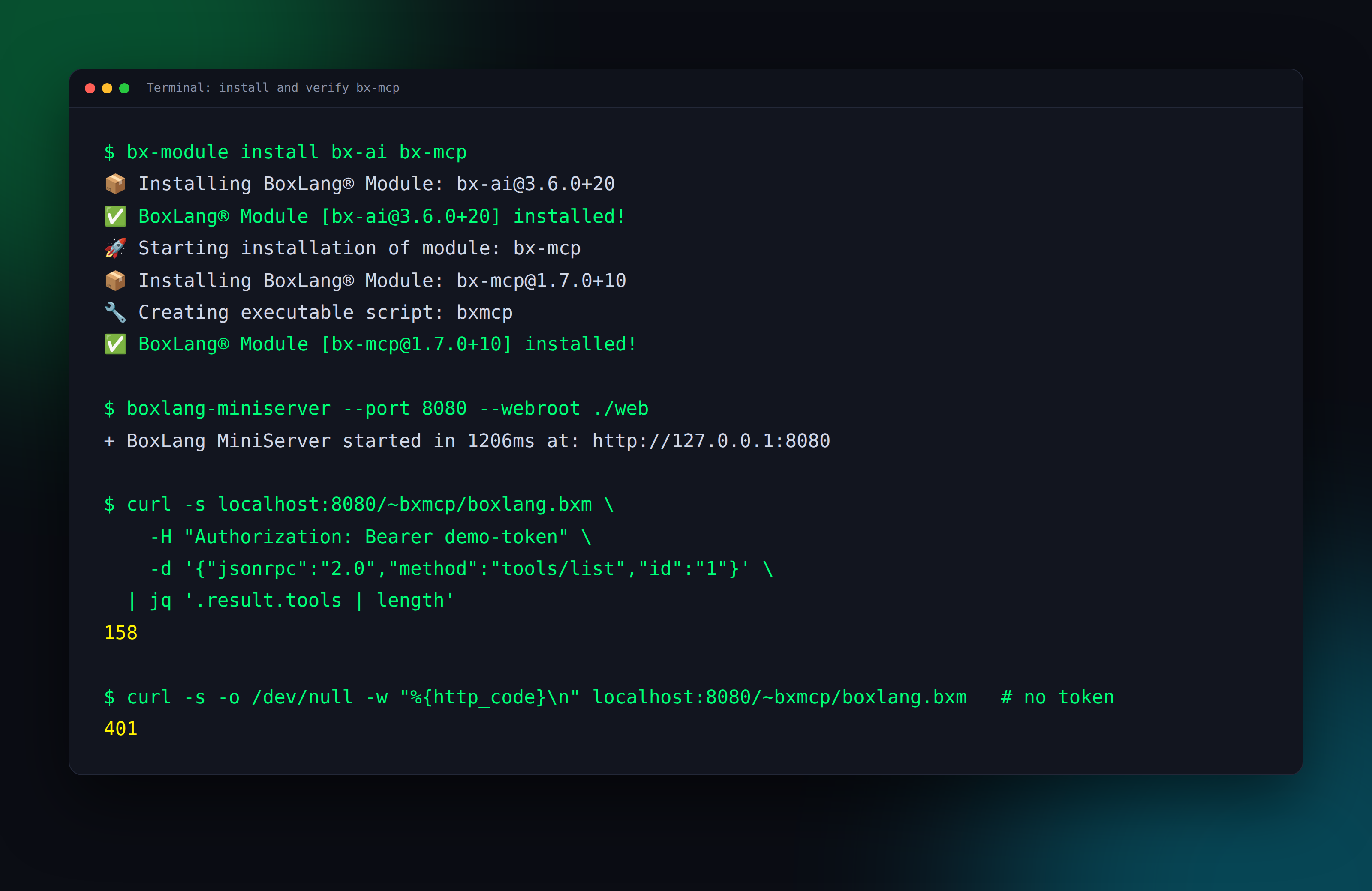 Installing bx-mcp and verifying the endpoint in a terminal