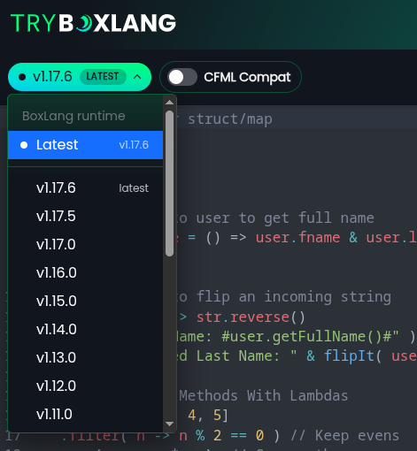 BoxLang runtime version picker on try.boxlang.io