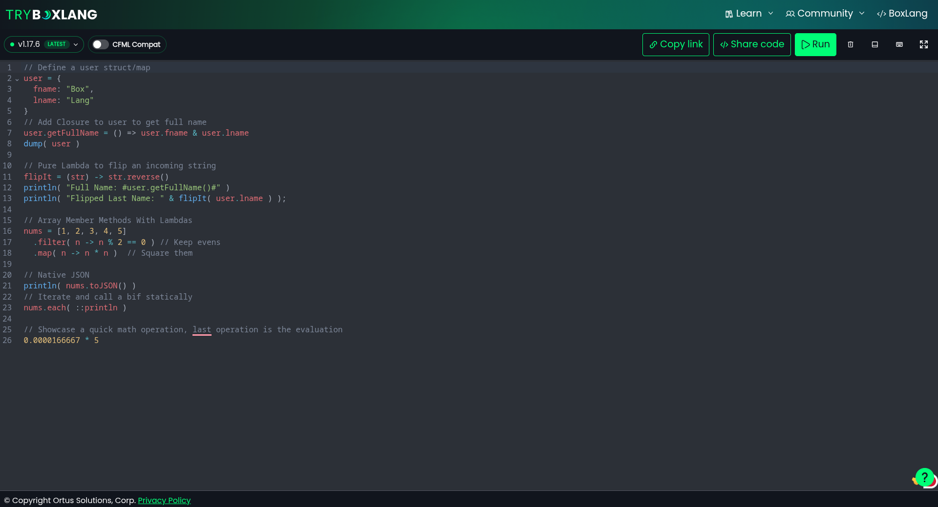 BoxLang runtime version picker on try.boxlang.io